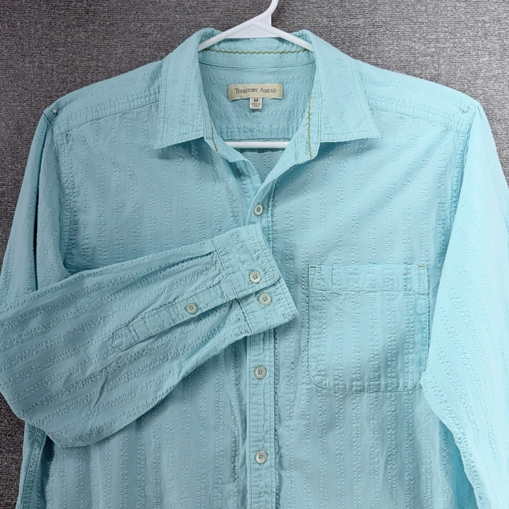 Territory Ahead Seersucker Shirt Men Sz Medium Aqua Blue Long Sleeve Cotton